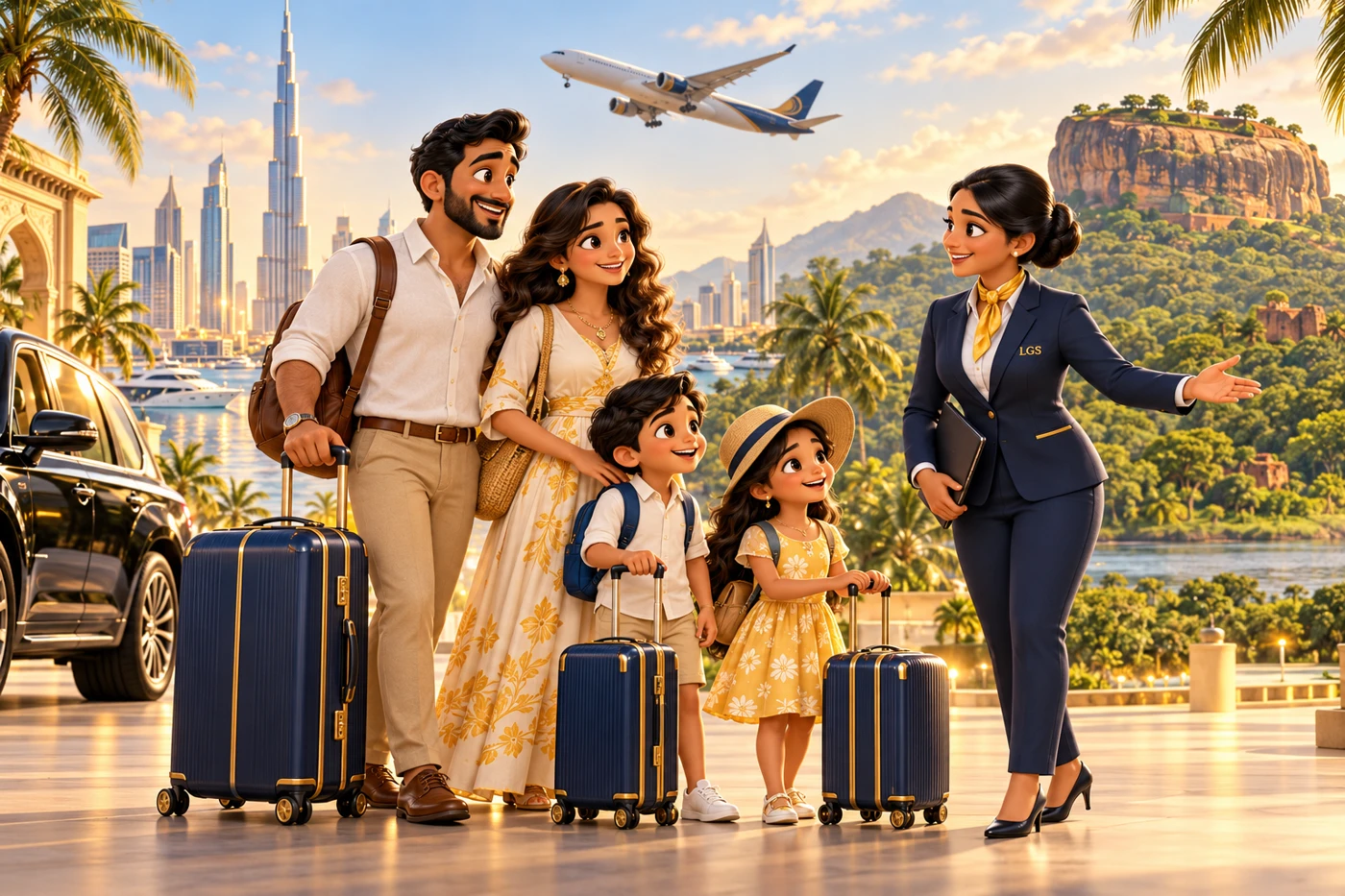 Premium 3D family travel scene connecting Dubai and Sri Lanka with an LGS consultant